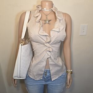 ☆New York & Company Tan & Cream Ruffle Blouse☆